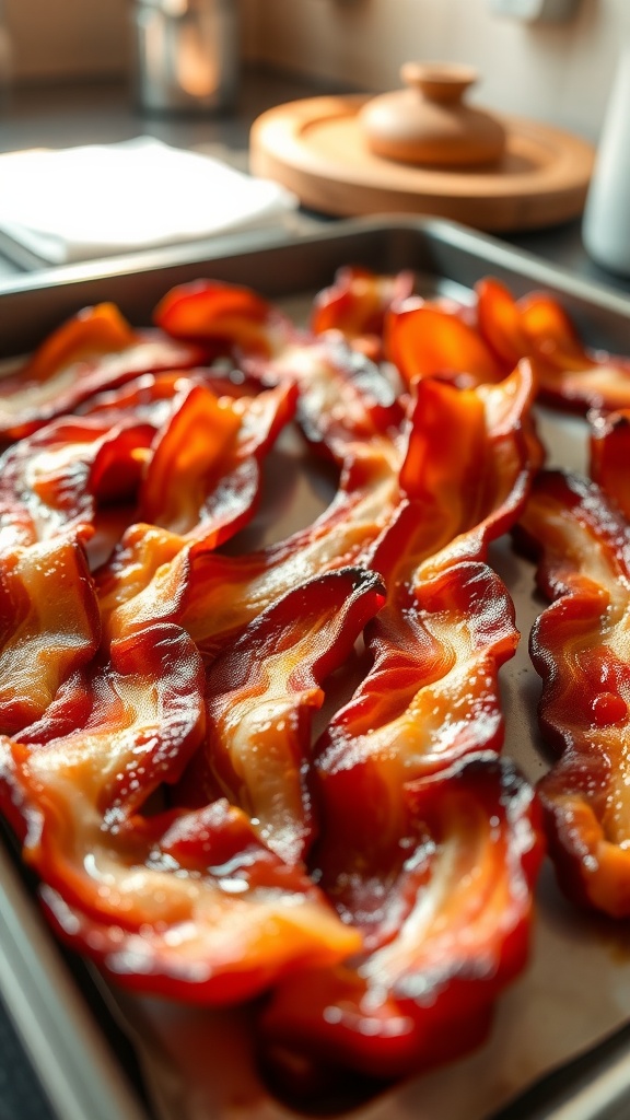 Crispy oven-baked bacon on a baking sheet, freshly cooked and ready to be served.